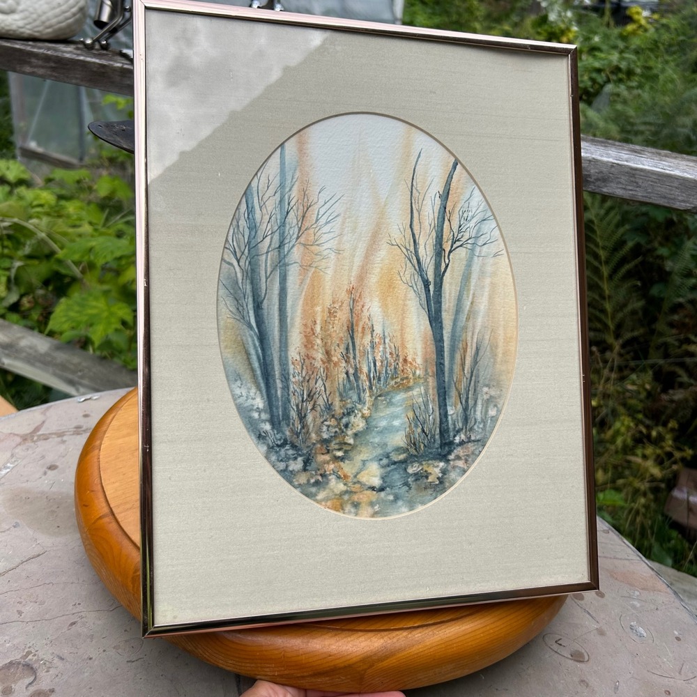Vintage Watercolor Painting Landscape Large Multicolor Fall Forest Creek MCM